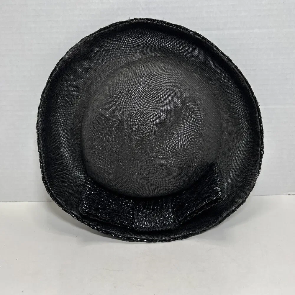 Vtg Hattie Carnegie I Magnin Co., Black Cloche Hat 1950s Woven Ratten Bow Hat